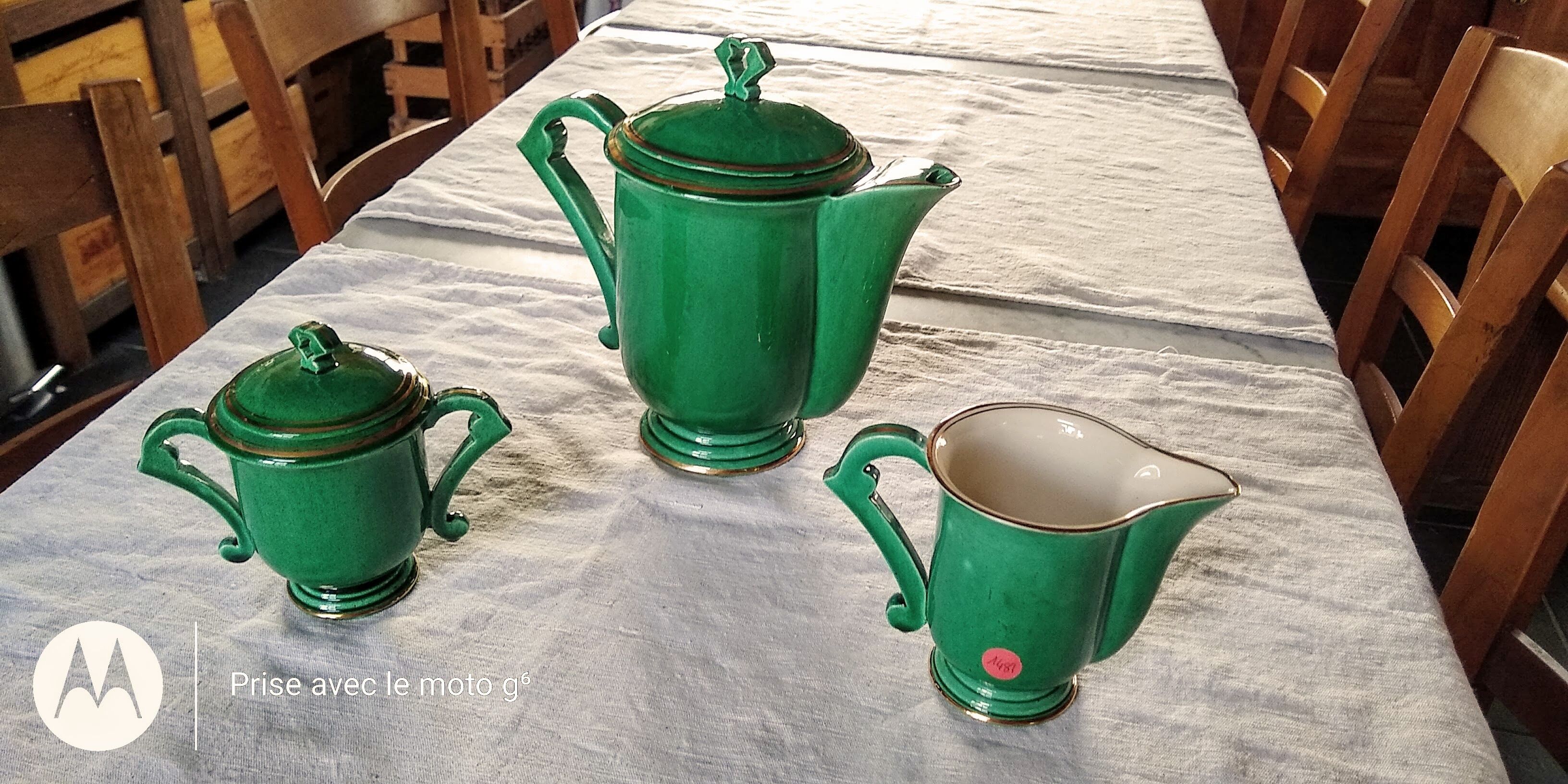 Coffee / tea maker, milk jug and Art Deco sugar bowl in green color
