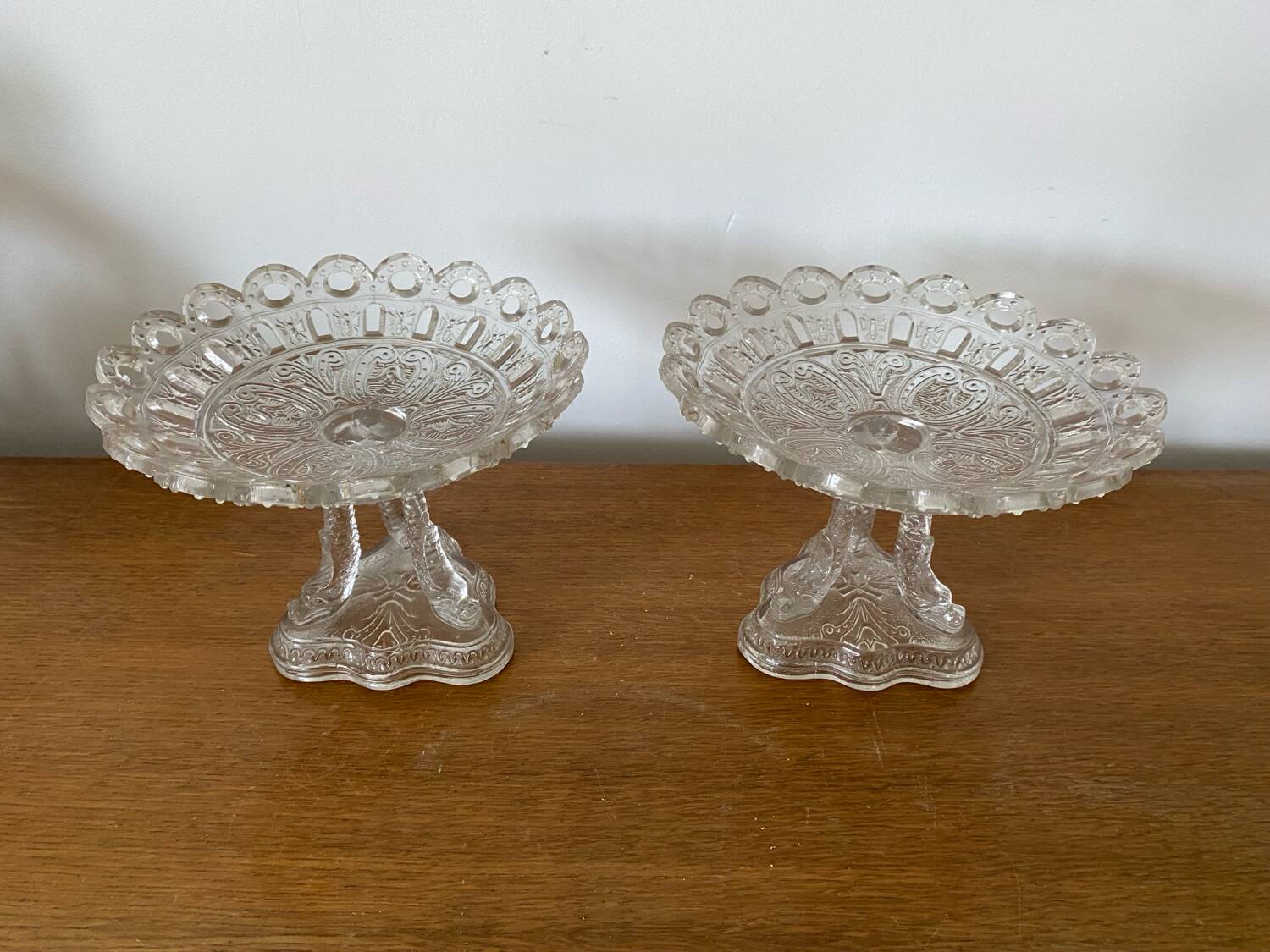 Antique pair of crystal cup drageoirs with tripod fish foot, 19th century vintage