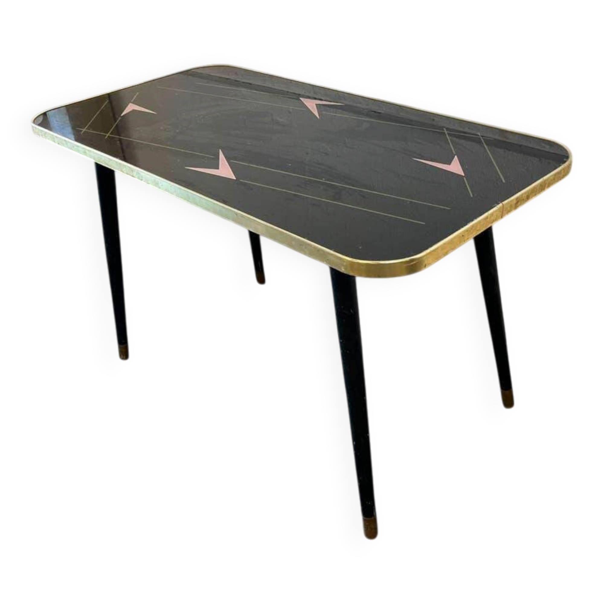 Table basse vintage en formica noir avec accent rose