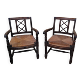 Pair of vintage straw seat armchairs from the 30s/40s.