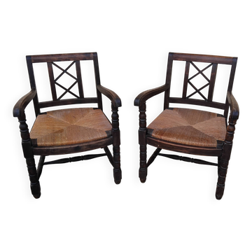 Paire de fauteuil assise paille vintage année 30/40 ancien