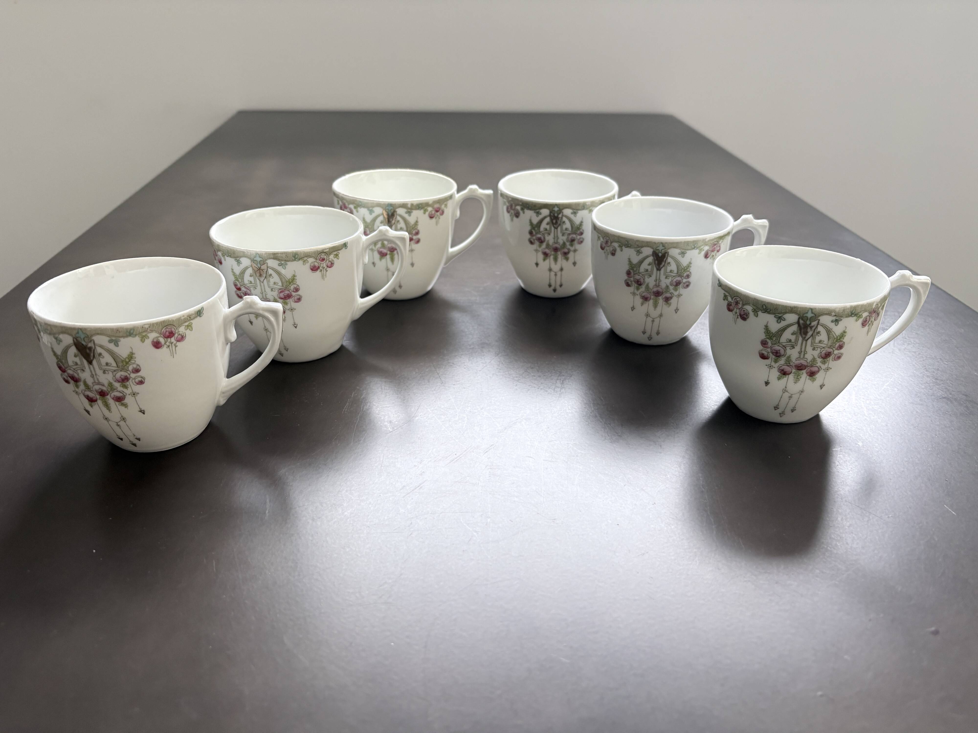 Service of 6 Fine Porcelain Cups with Art Nouveau Rose Decoration