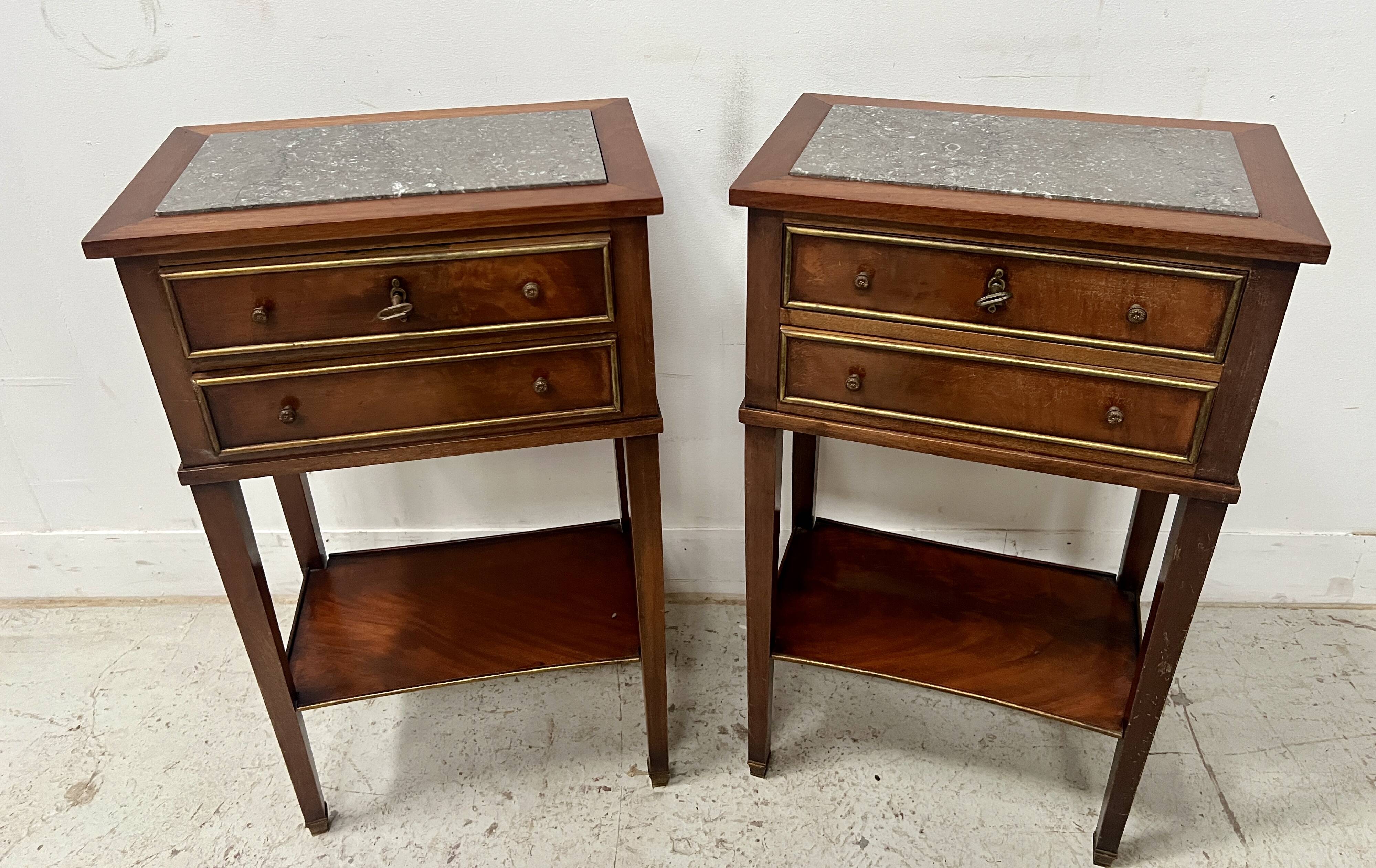 Pair of Louis XVI style bedside tables in mahogany and veneer, 20th century