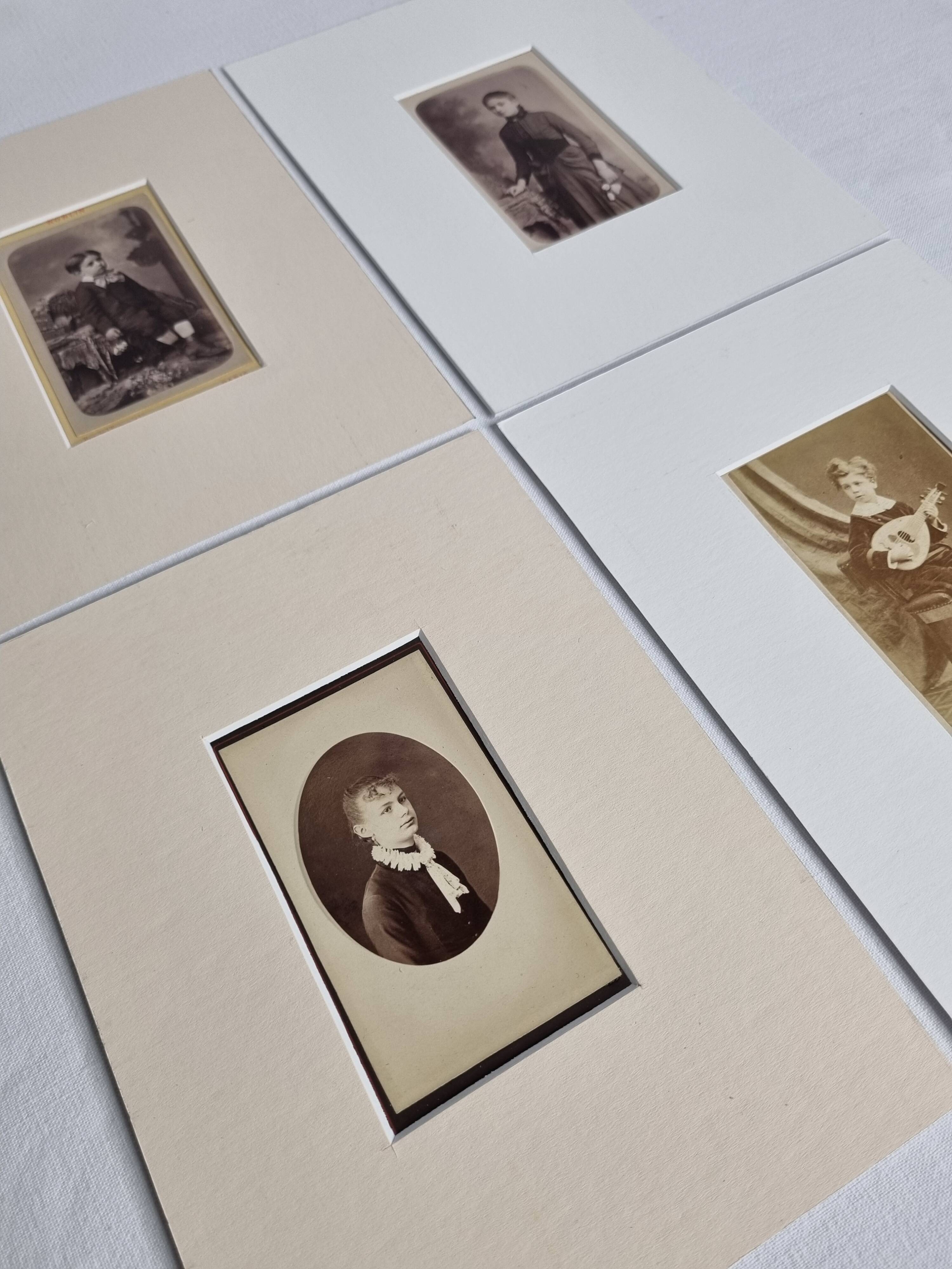 Set of 4 mounted old photographs, portraits of children and young women from the 19th century