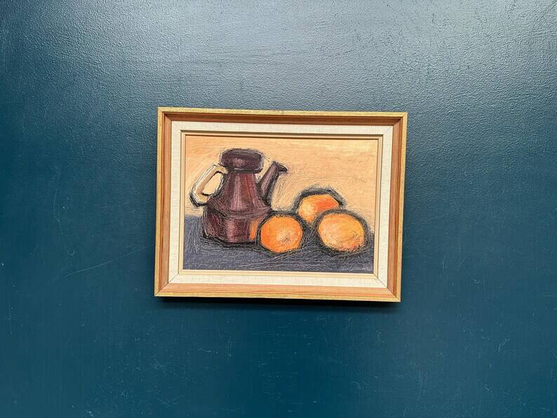 Original Swedish Oil on Panel – "Kattle and Oranges" by Herald – Signed – Dated 1966 – Framed Vintage Piece