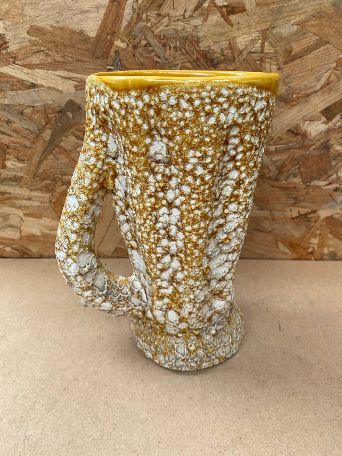 Antique vase pitcher vallauris fat lava ceramic yellow white foam #b479