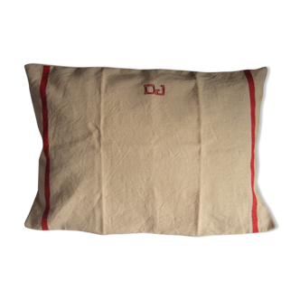 Cushion linen ecru monograms d j strips red rag