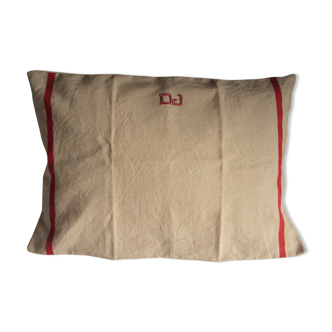 Coussin lin ecru monogrammes d j bandes rouges torchon