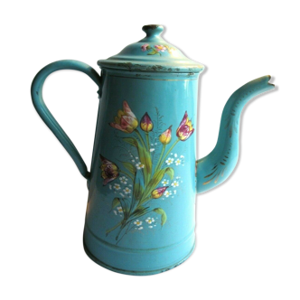 Cafetière art déco tôle émaillée en relief tulipes et myosotis sur fond vert