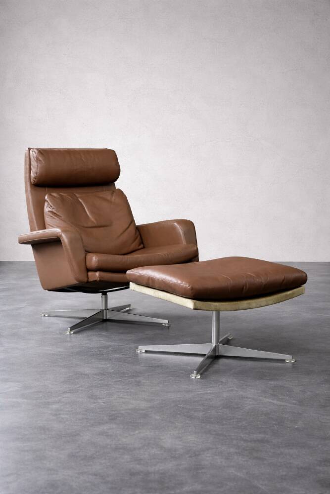 Vintage Mid-Century Danish Modern Brown Leather Swivel Chair and Ottoman