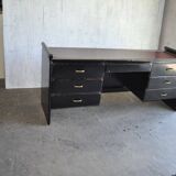 Hungarian Art Deco desk in black painted wood with a brown top and metal handles.