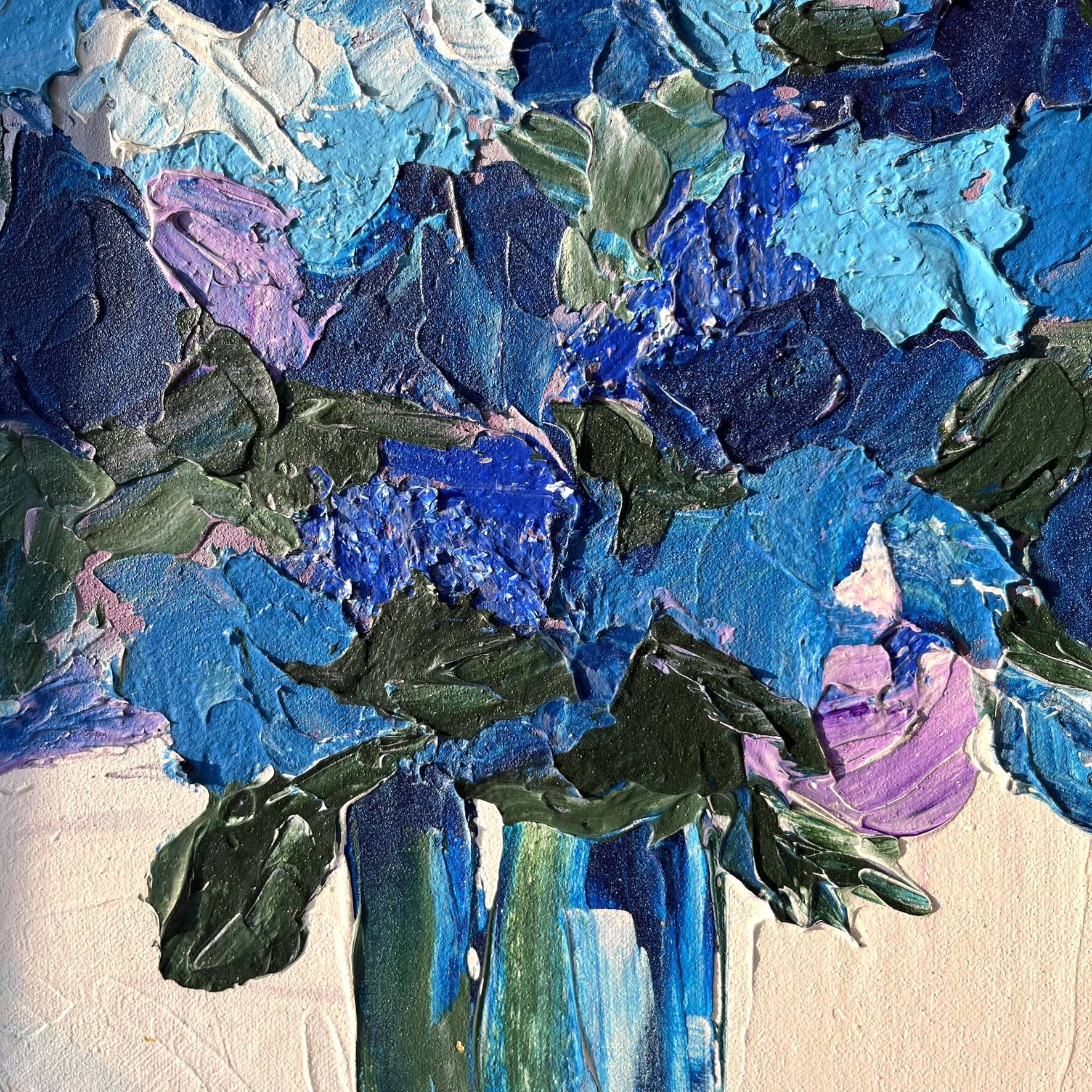 Contemporary still life with flowers, blue flowers, J. Heguy