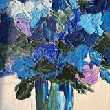 Contemporary still life with flowers, blue flowers, J. Heguy
