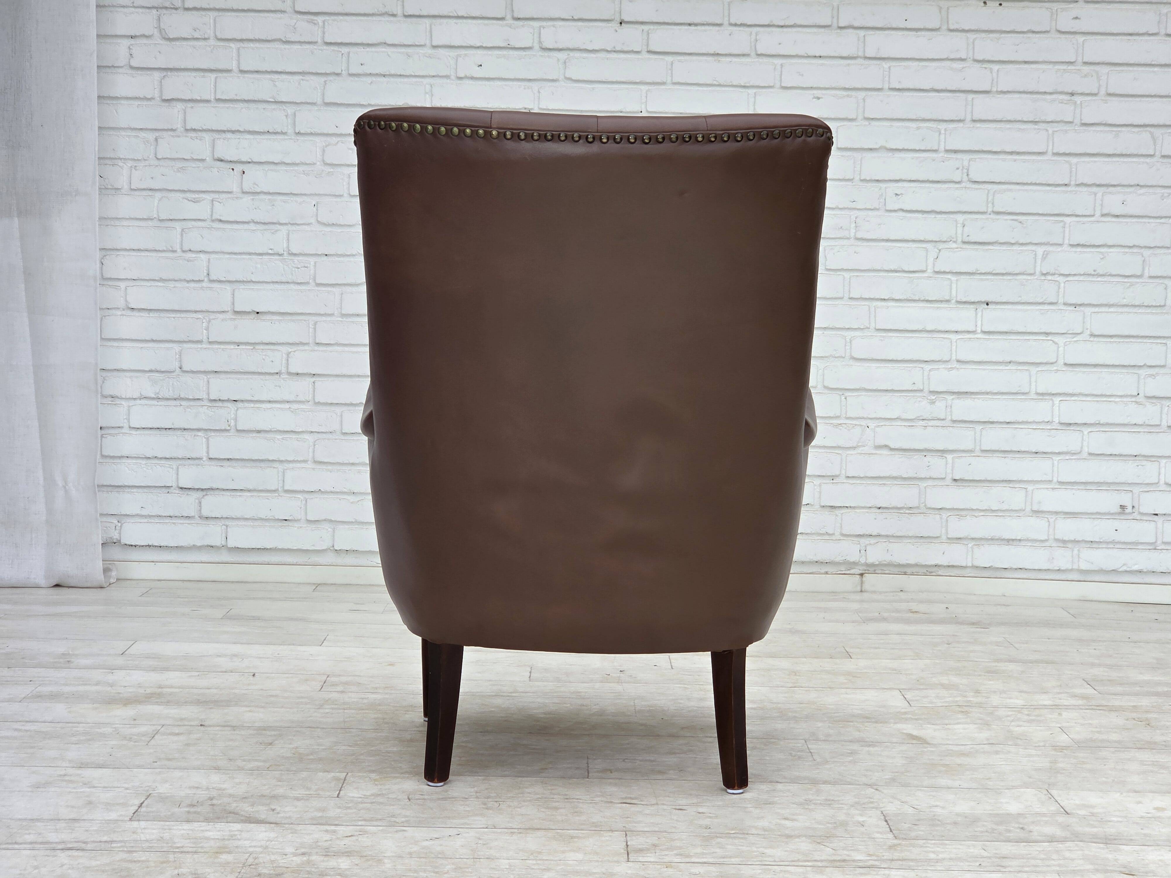 1970s, Danish armchair, original brown furniture leather.