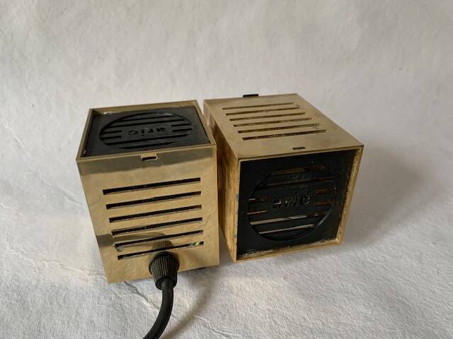 Old spot lamp, square, golden, to table, Aric cubes 70s