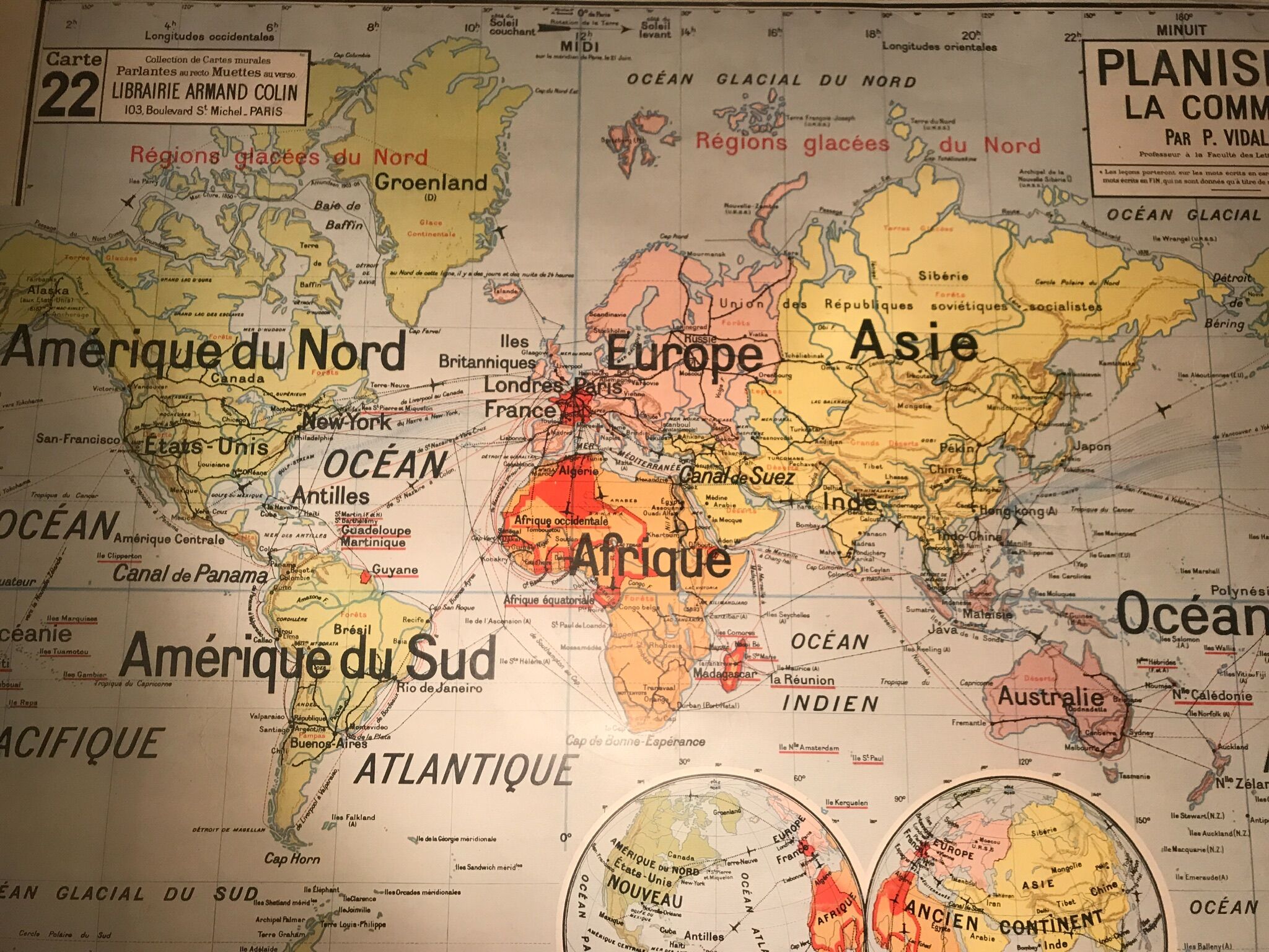 School planisphere Vidal-Lablache 1955 map