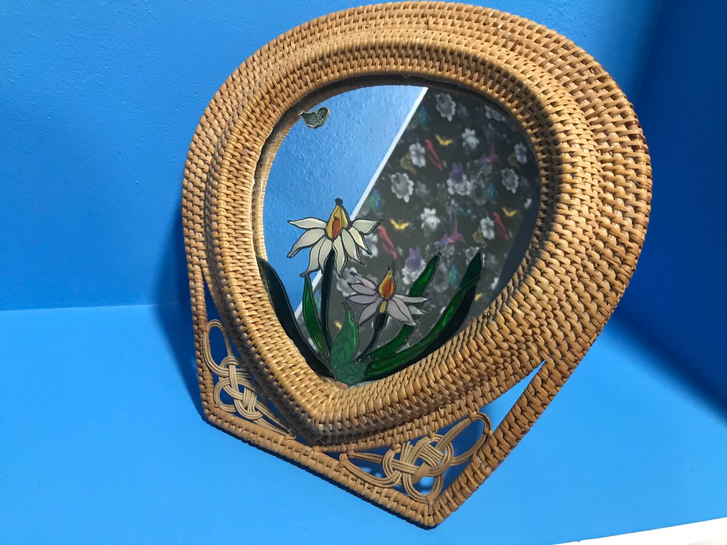 Old vintage wicker rattan mirror