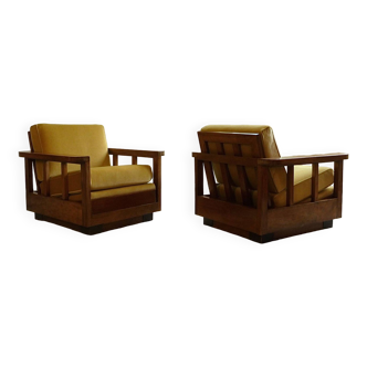Set of 2 Cubist Art Déco Club Chairs in Wood and Velvet, Germany 1920s