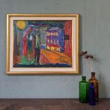 Mid-Century Modern Swedish "Just Married" Vintage Street Scene, Framed Oil Painting