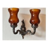 Silver-colored chiseled metal wall light, 2 lights with orange glass tulip