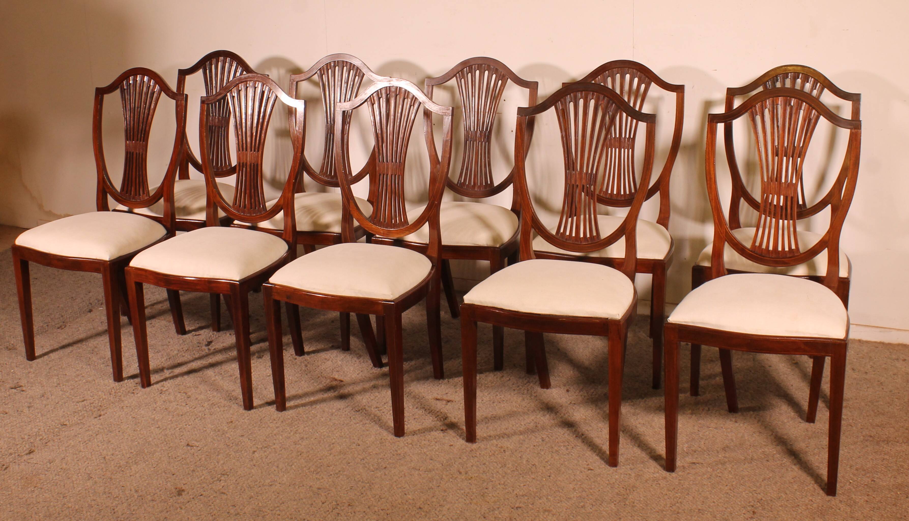 set of 10 mahogany chairs with inlays - 19th century