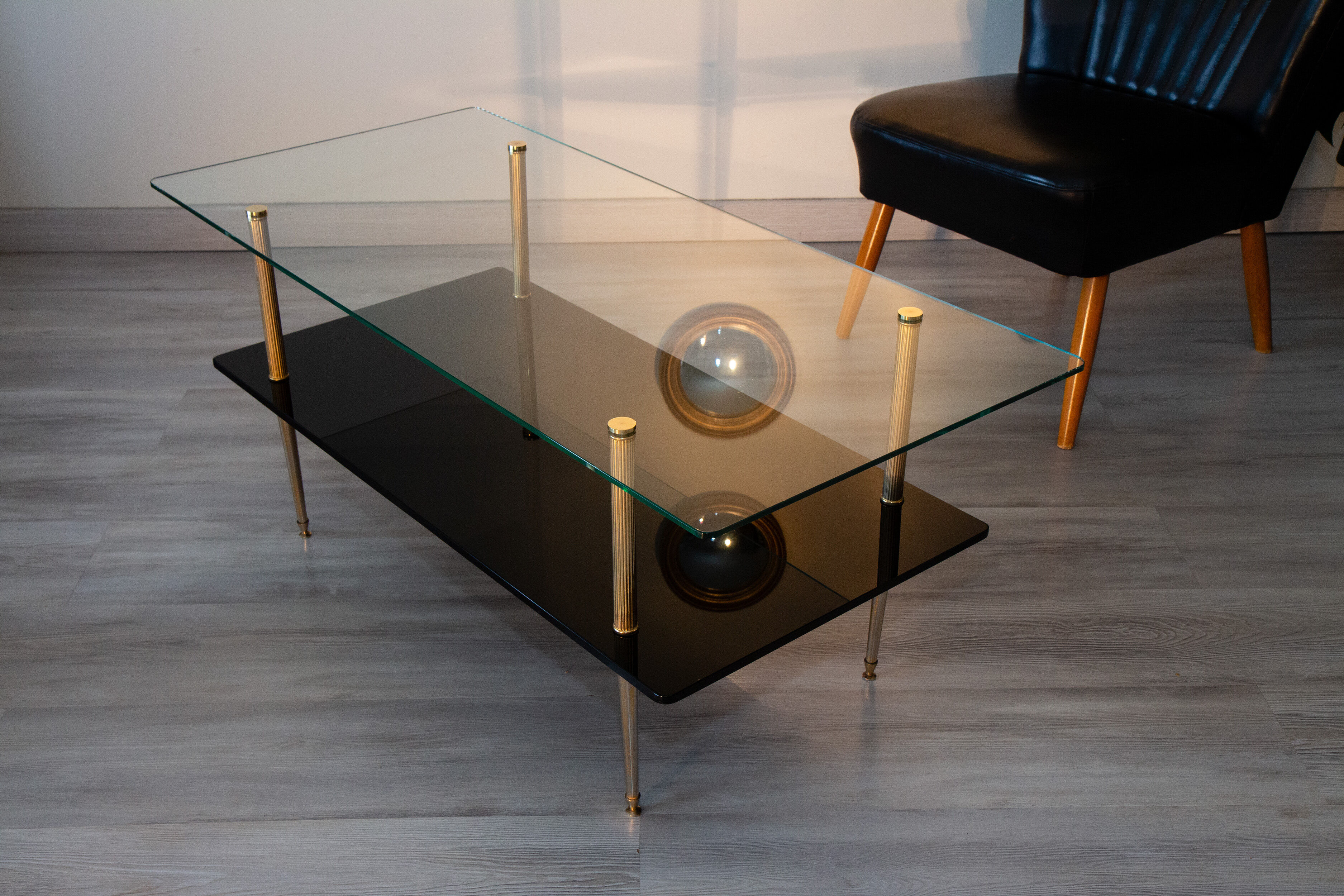 Double coffee table top of glass and gilded metal, 1950