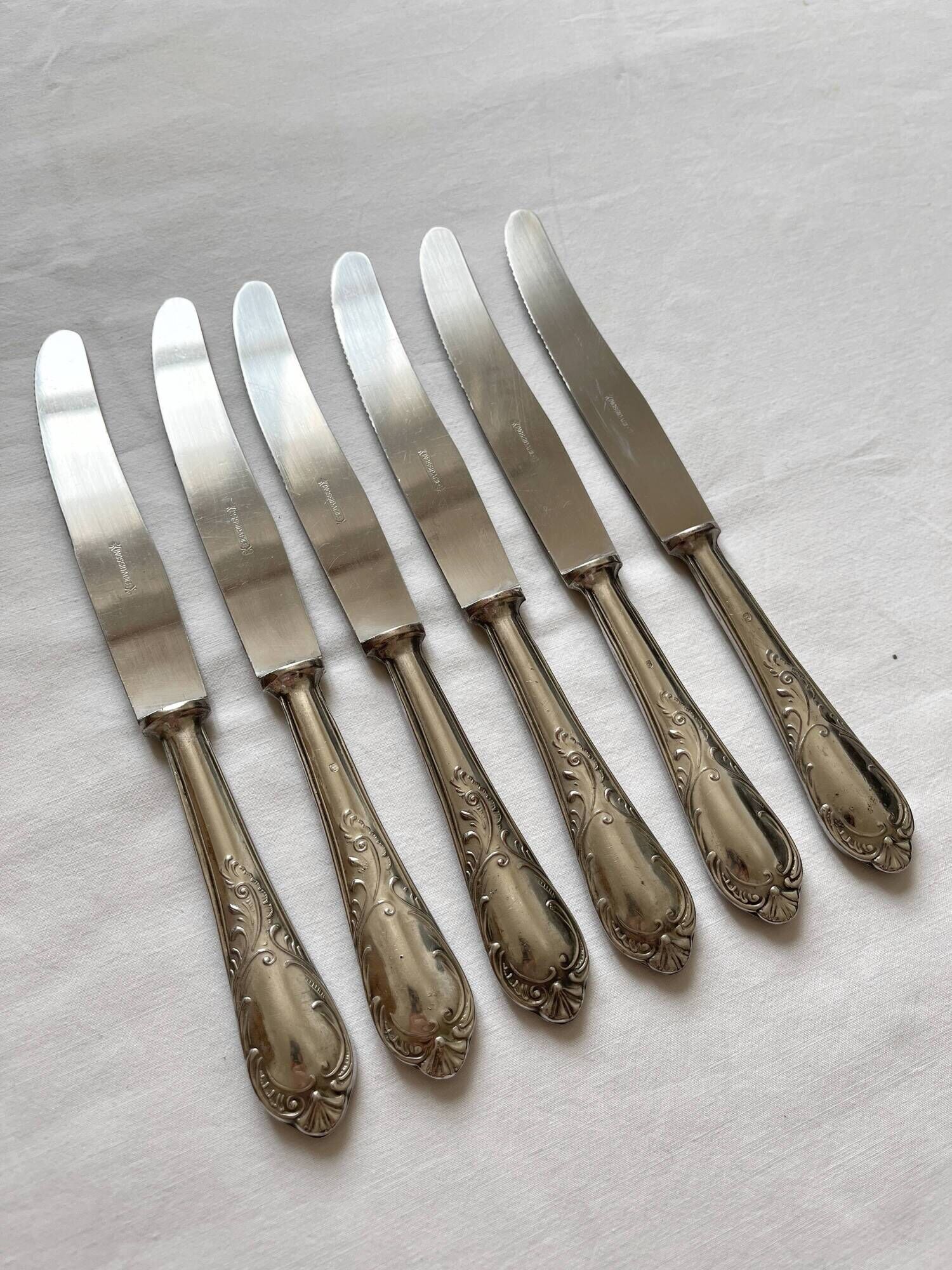 6 antique knives in silver metal and stainless blade