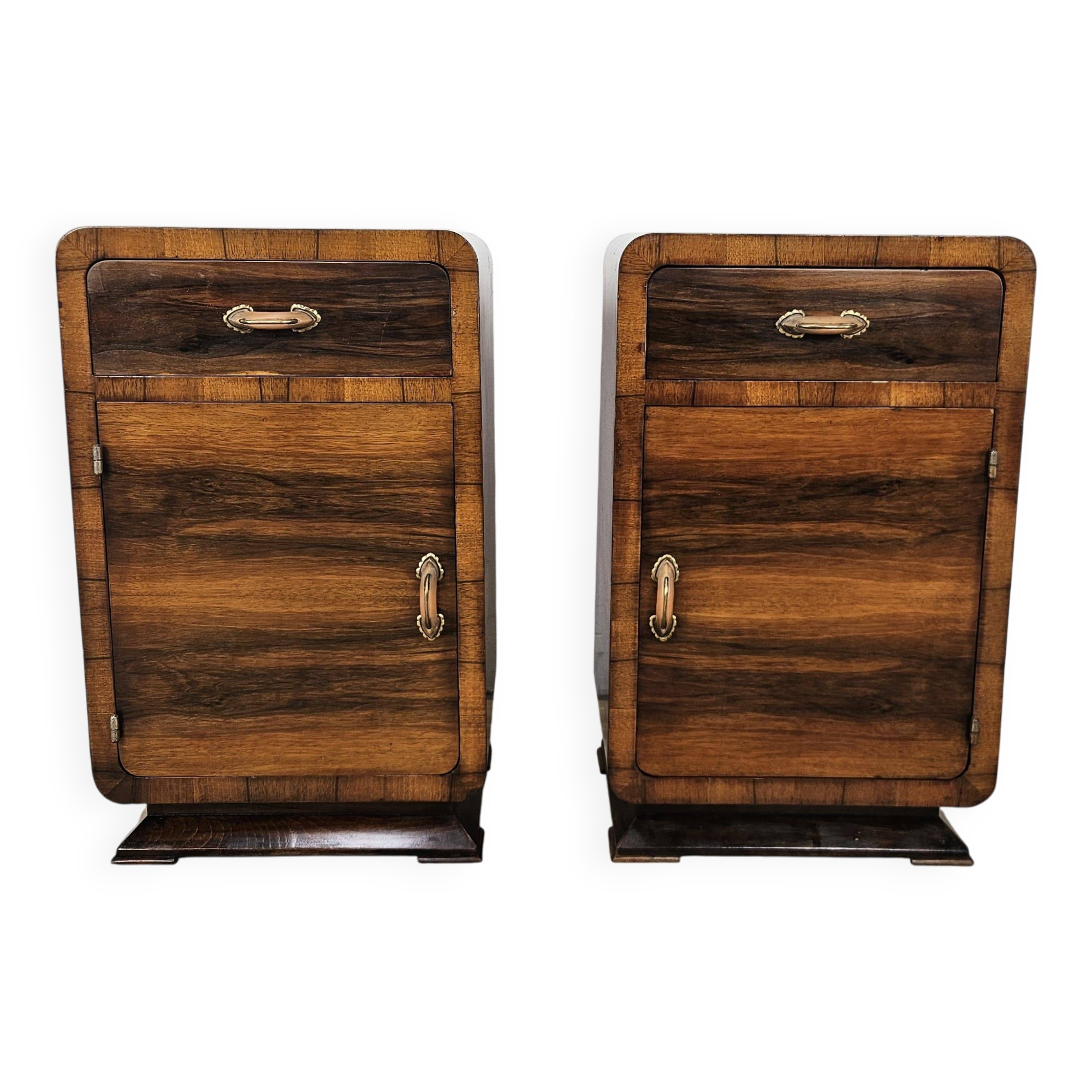Art Decò walnut bedside tables with door and drawer