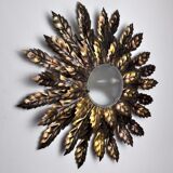 Floral wall lamp sun, golden metal, italy, 1970