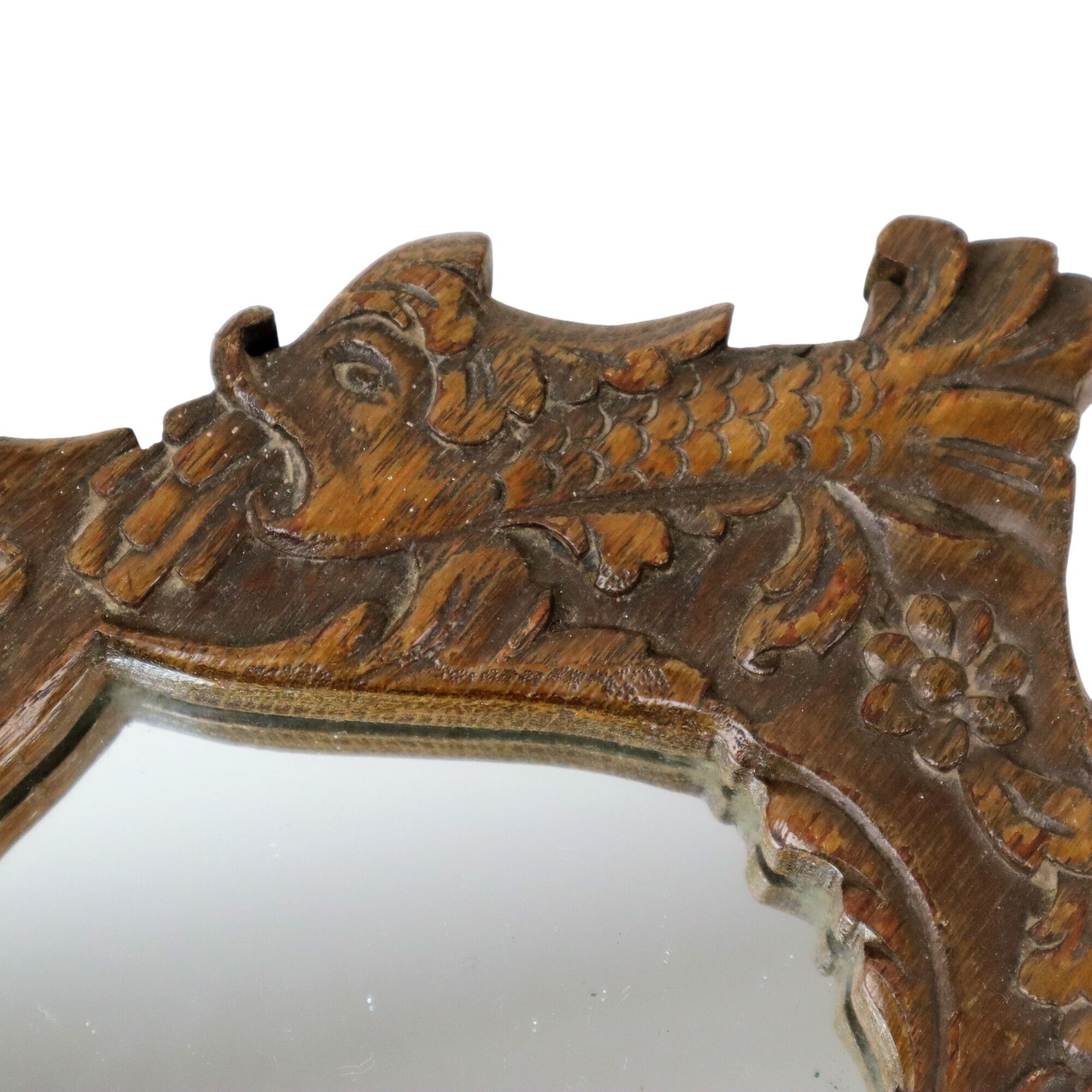 Old wooden hand mirror solid oak baroque flowers fish 39cm