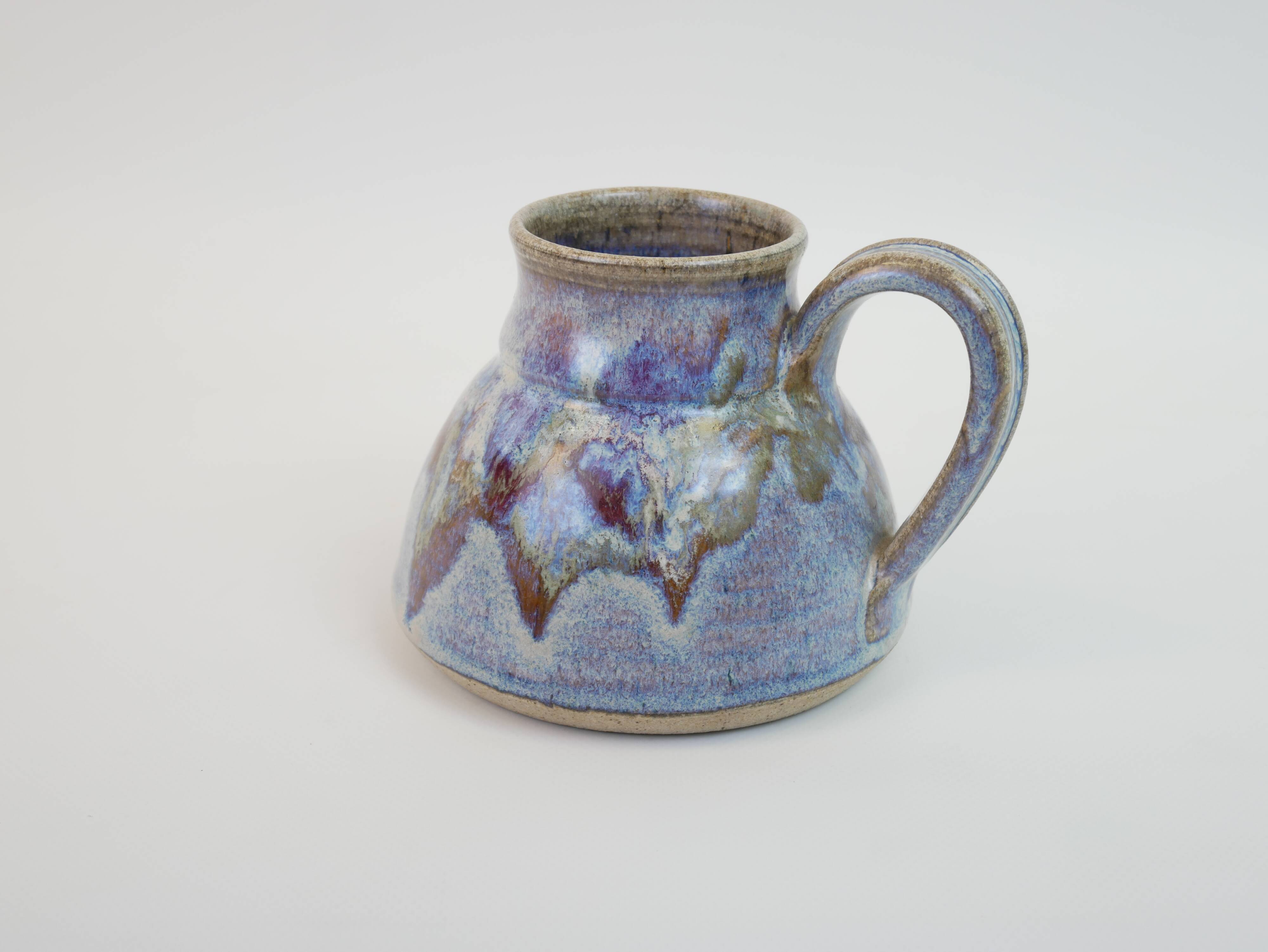 signed blue purple enamel ceramic pitcher