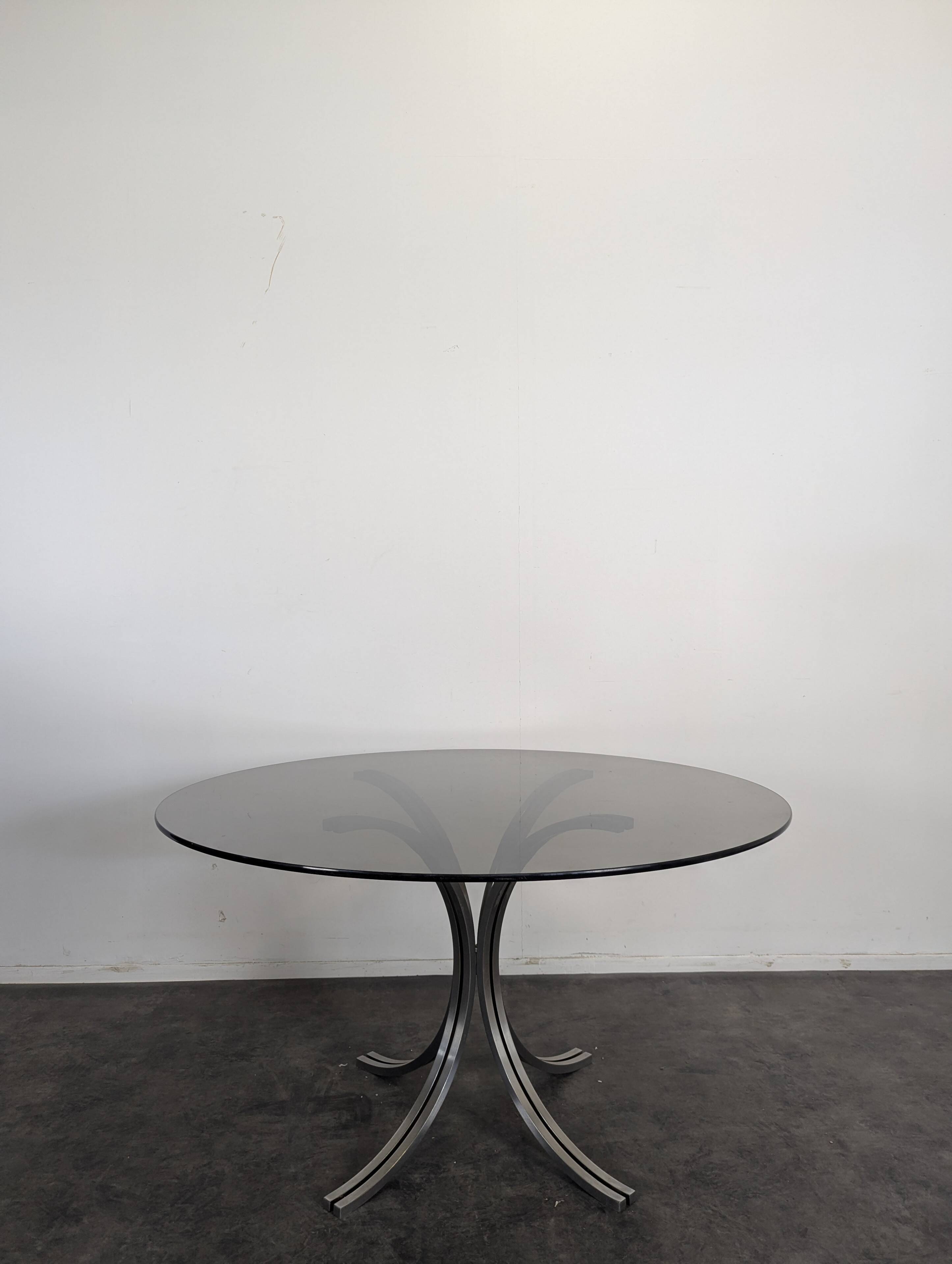 Table space age plateau verre fumé et piètement chromé