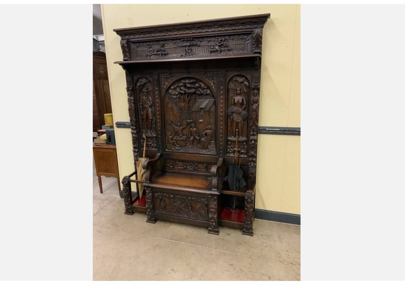 Antique impressive wardrobe with bench trunk.