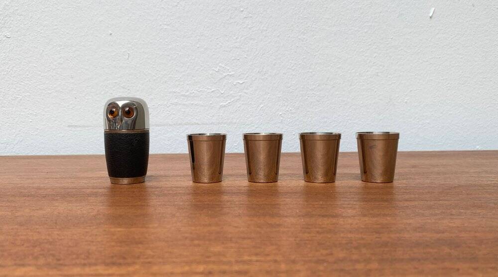 Set of 5 metal shot glasses in German owl style from the mid-century, 1960s.