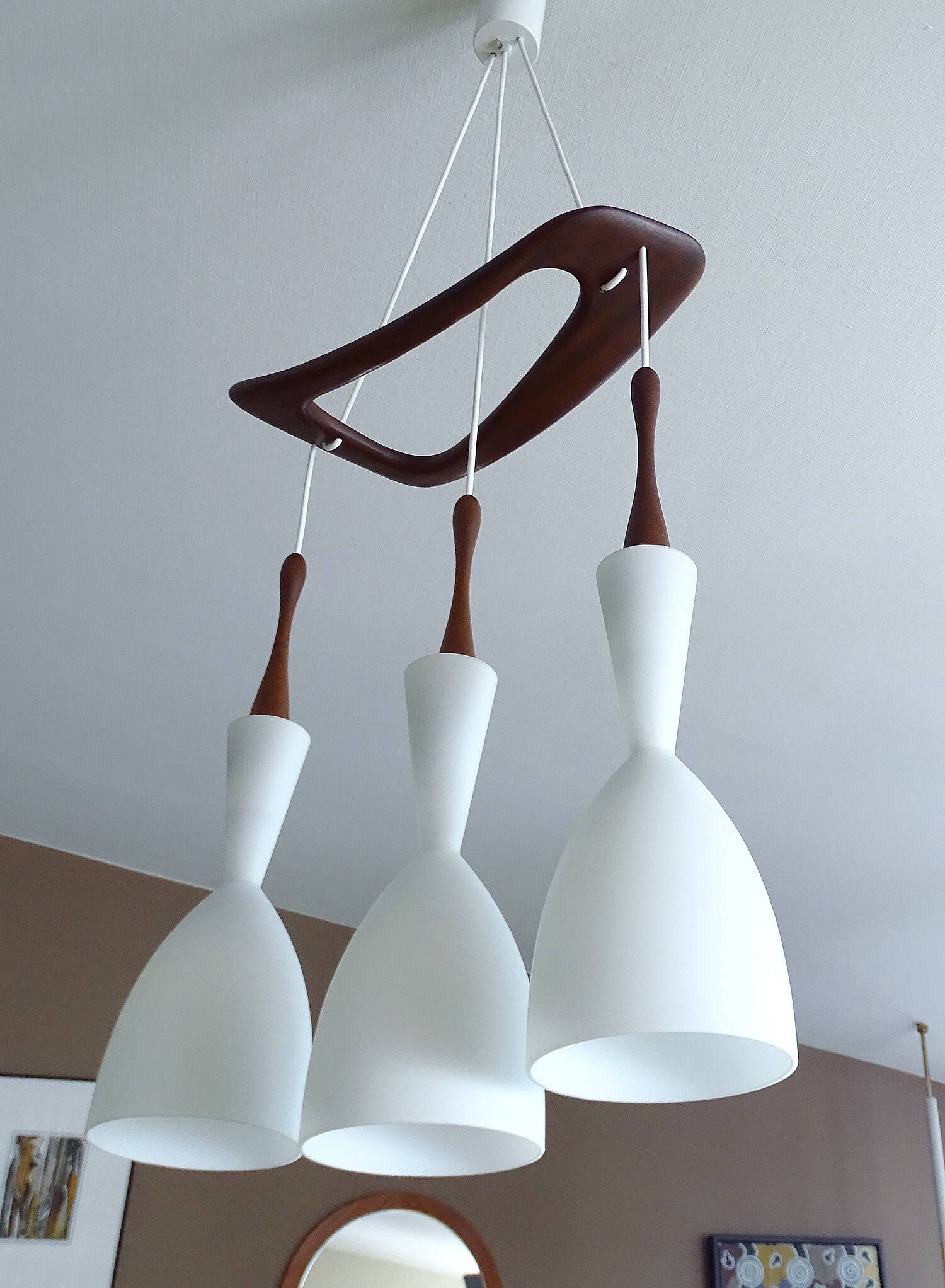 Large Scandinavian Pendant Light, Teak Wood and Glass
