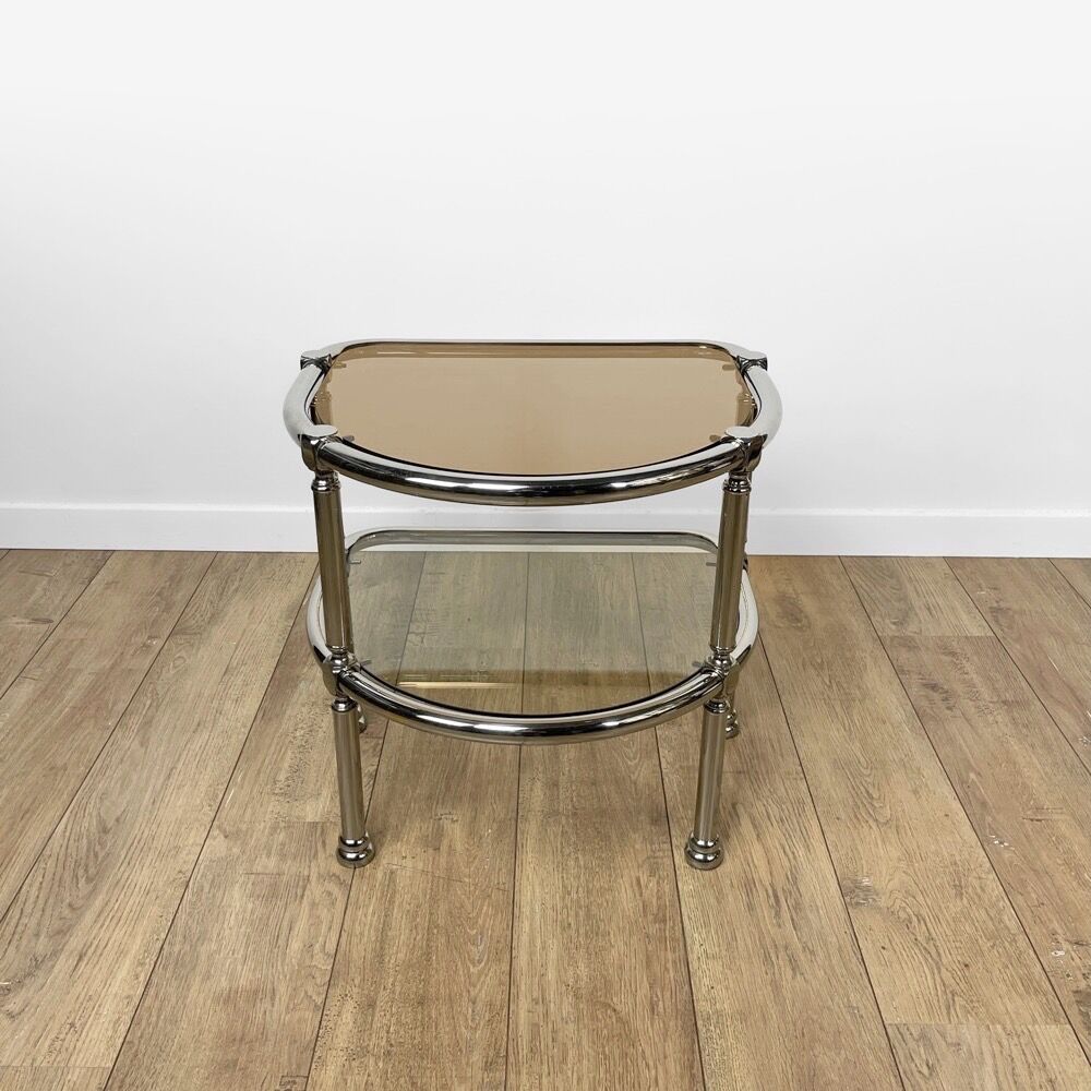 Half-moon side table double chrome tray and smoked glass 70's