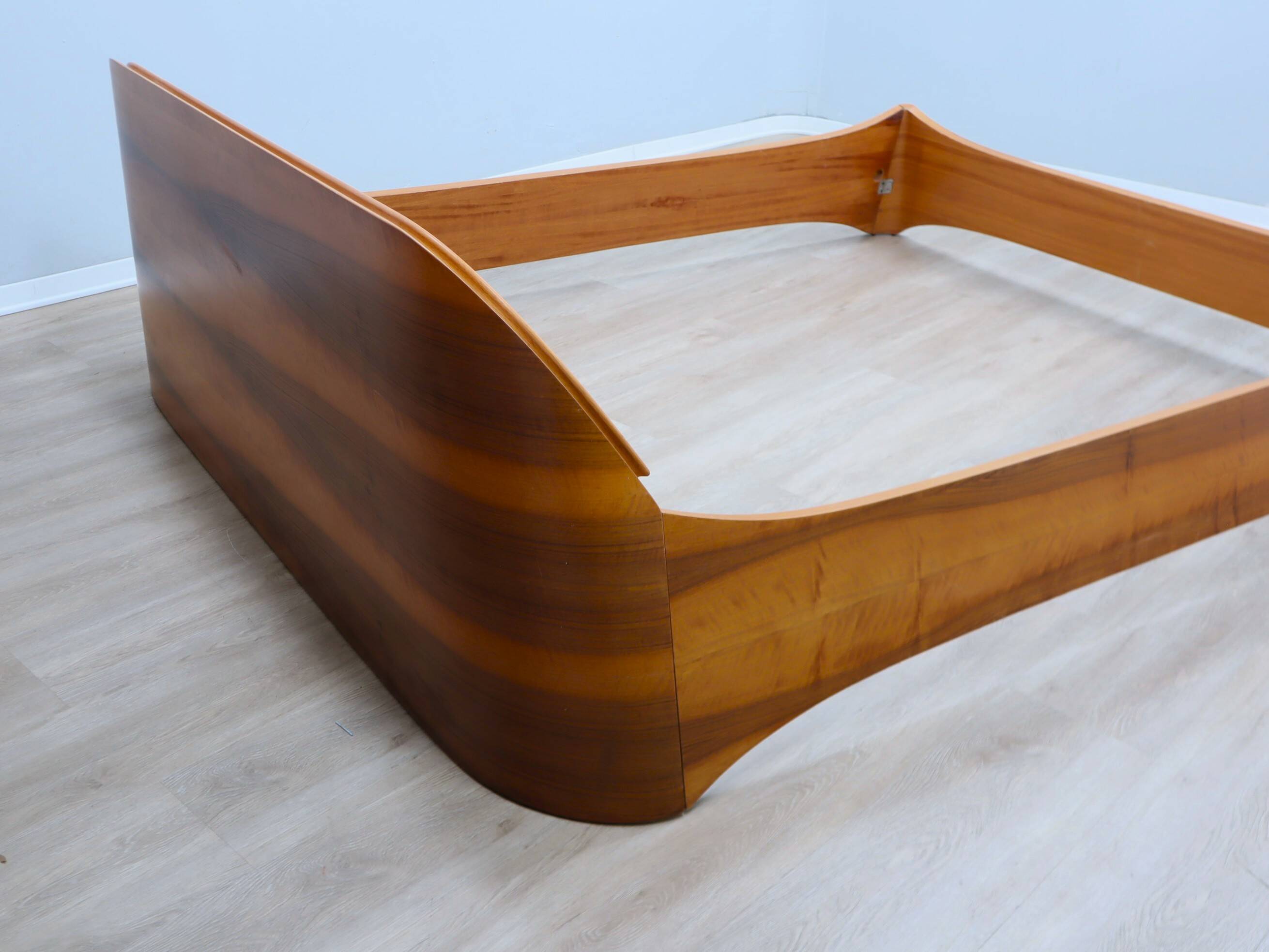 Italian 1970s Curved Walnut Bed Frame with Storage Headboard
