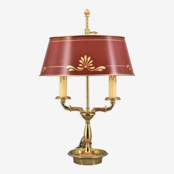 Lampe bouillotte de style empire deux lumières avec abat-jour laqué ovale "lucien gau "