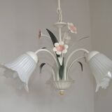 Vintage 3-light chandelier in pink and white metal and glass shaped like flowers, France.