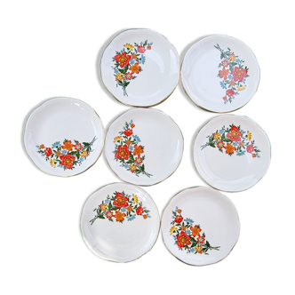 7 assiettes Gien vintage fleurs or fin