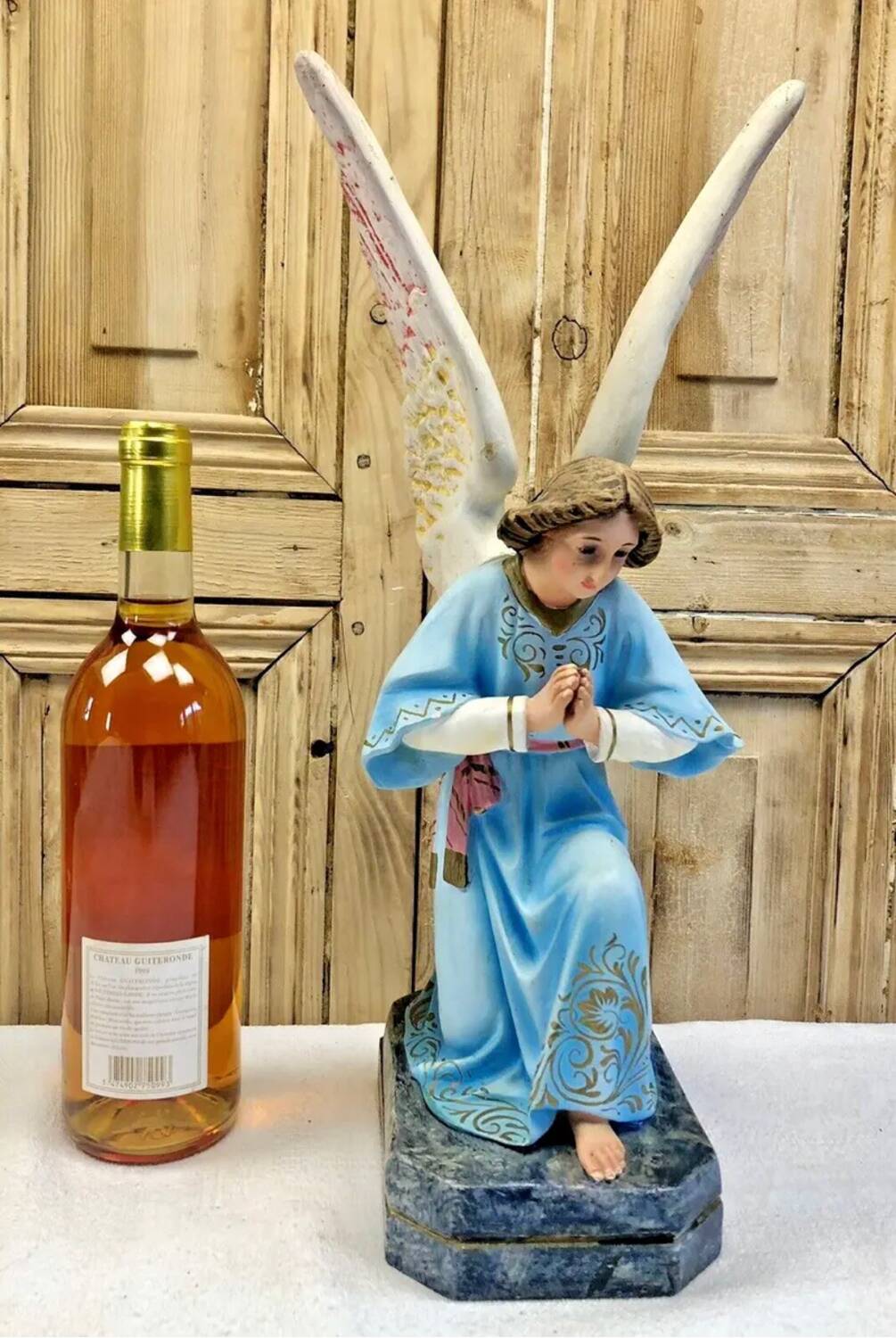 Large altar angel 42.5 cm plaster church statue sulphide eyes XIX