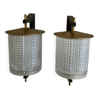 Paire d'Appliques de Carl Fagerlund en laiton & verre Orrefors 1960