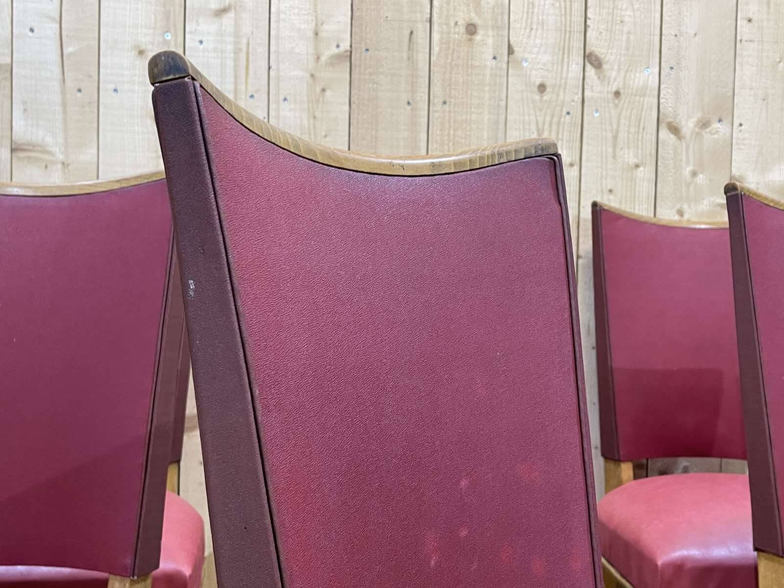 Set of 6 beech chairs with skai in the style of Jules Leleu.