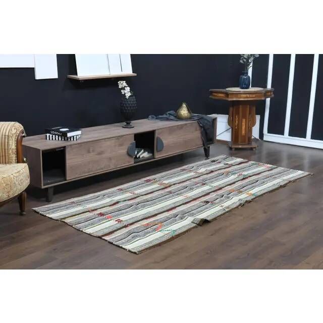 1970s Vintage Turkish Hand-Knotted Gray White Kilim Runner Rug 118x267