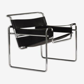 Chaise Wassily par Marcel Breuer en cuir noir 1970