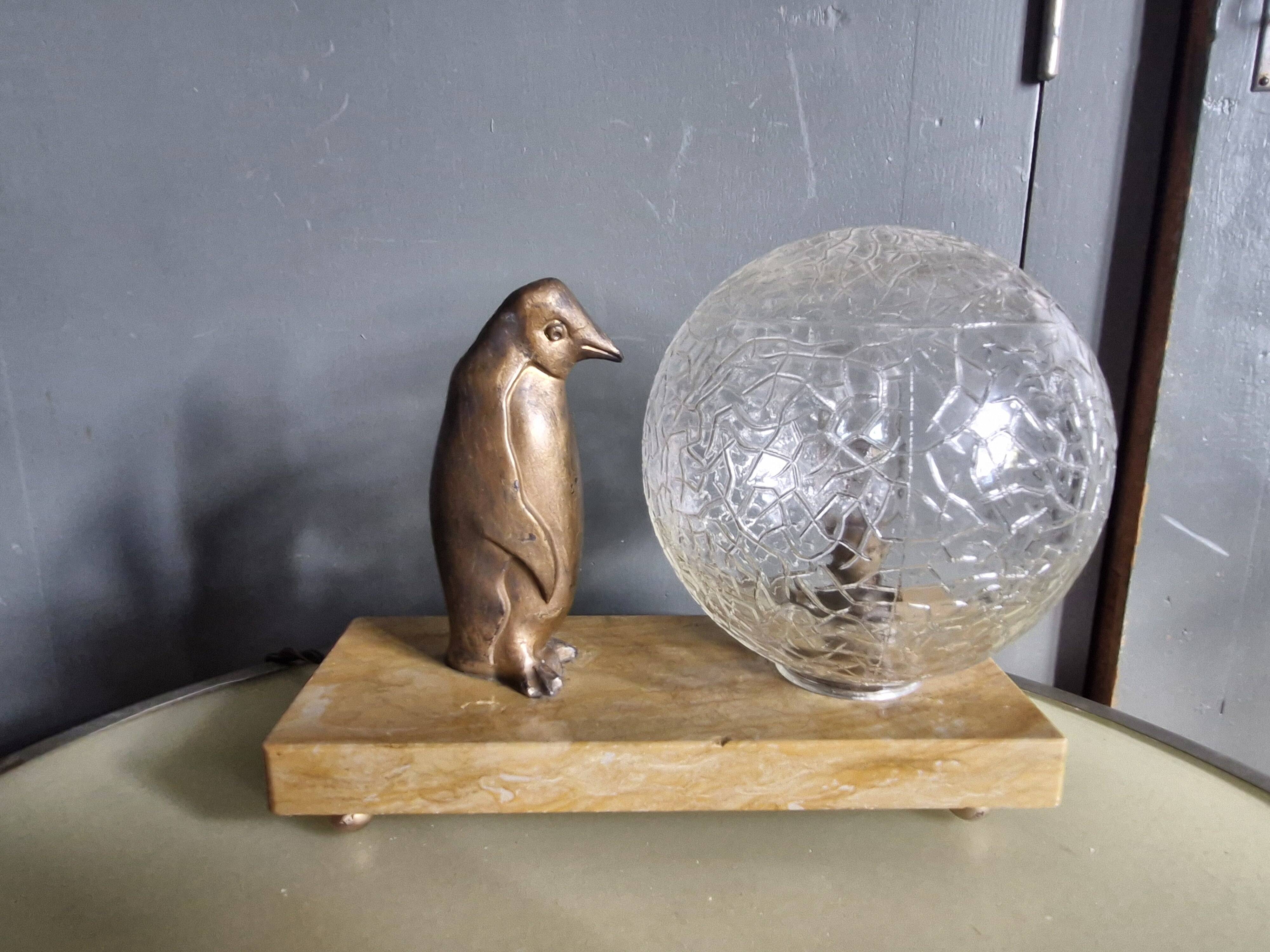 Lamp / Art Deco Night Light Penguin & Cracked Glass Globe on Base