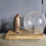 Lamp / Art Deco Night Light Penguin & Cracked Glass Globe on Base