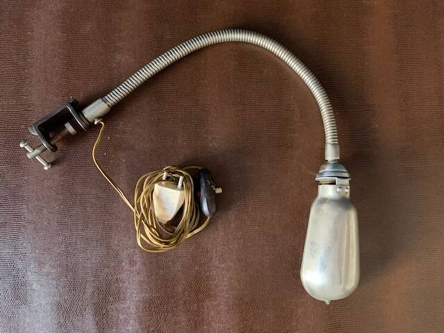 Old workshop lamp, silver metal, flexible, 1950