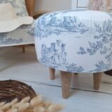 Pouf / Repose pieds vintage en toile de Jouy bleu