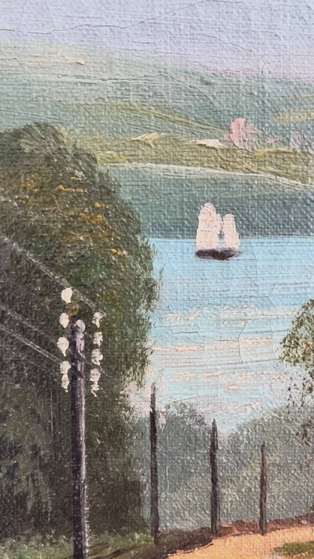 Vintage original coastal landscape oil painting, signed seaside art